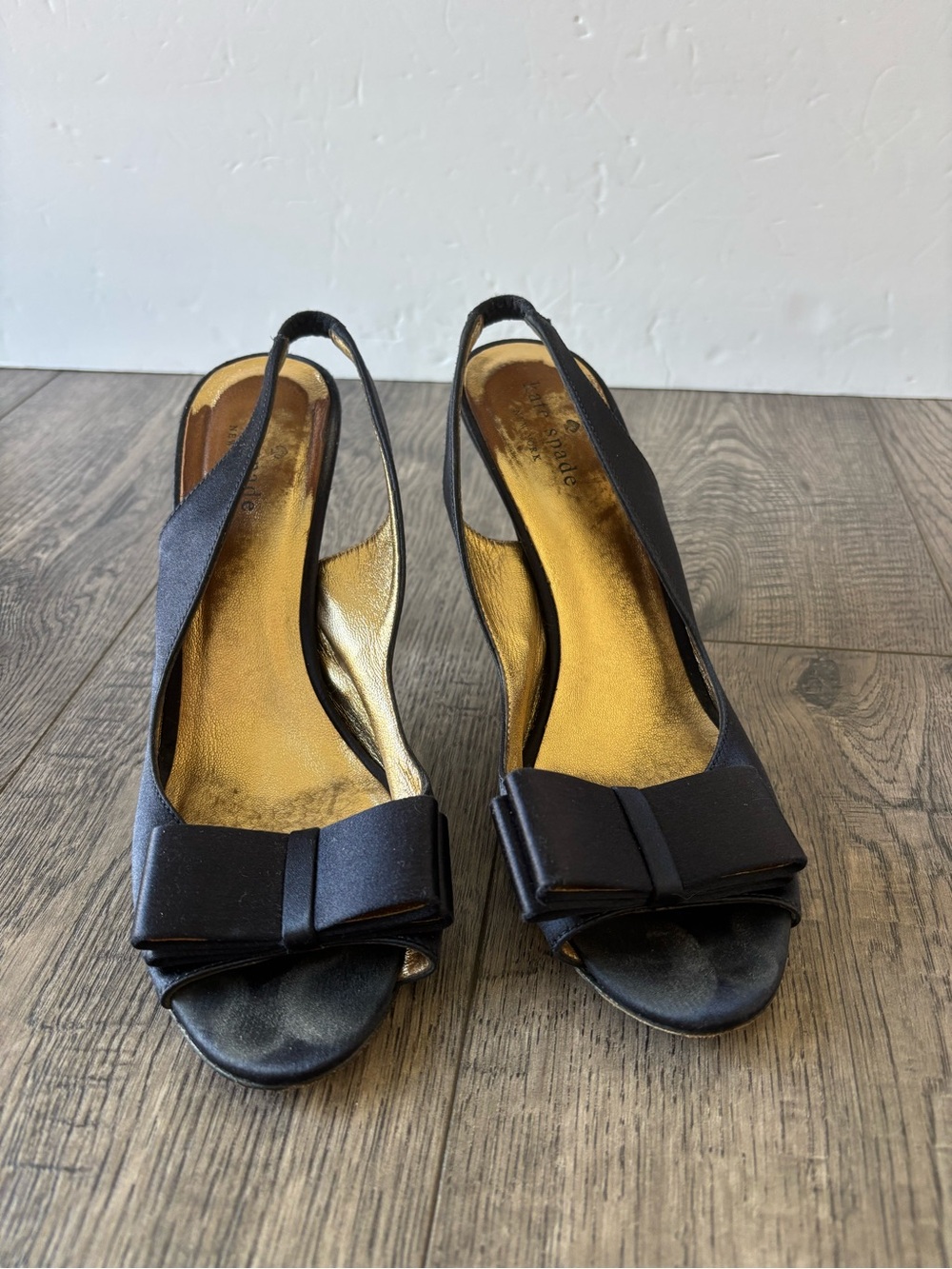 kate spade Black Bow Slingback Peep-Toe Heels with Gold Insole